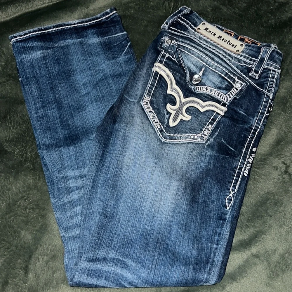 ROCK REVIVAL 🎸 THICK STITCH MAY BOOTCUT DESTROYED DISTRESSED JEANS Women 34 W38” - Picture 4 of 16
